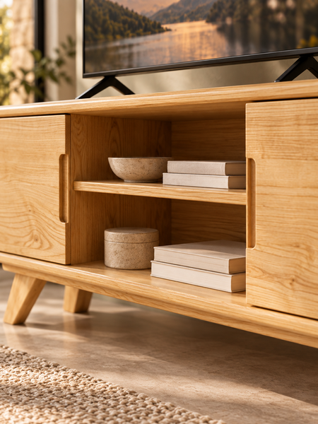 "Nord" Solid Ash Wood TV Stand with 2 Doors and Open Shelf for Living Room photo