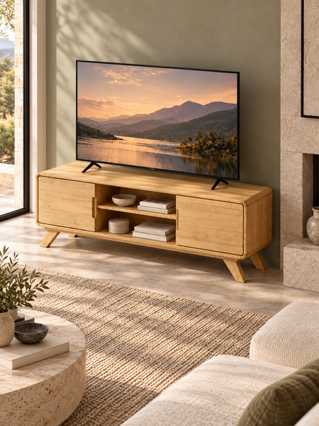 "Nord" Solid Ash Wood TV Stand with 2 Doors and Open Shelf for Living Room photo