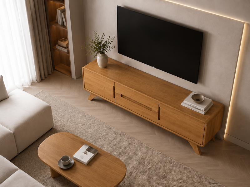 "Nord" solid ash TV stand with 2 doors and 2 drawers for the living room photo