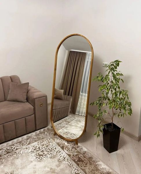 Capsule-Shaped Full-Length Mirror in a Natural Wood Frame for Bedroom photo